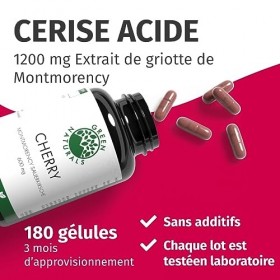 Cerise acide de Montmorency | 180 gélules | Hautement dosé : 1200 mg par dose journalière | Végétalien | 3 mois dapprovision