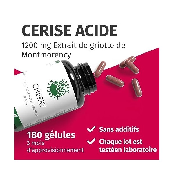 Cerise acide de Montmorency | 180 gélules | Hautement dosé : 1200 mg par dose journalière | Végétalien | 3 mois dapprovision