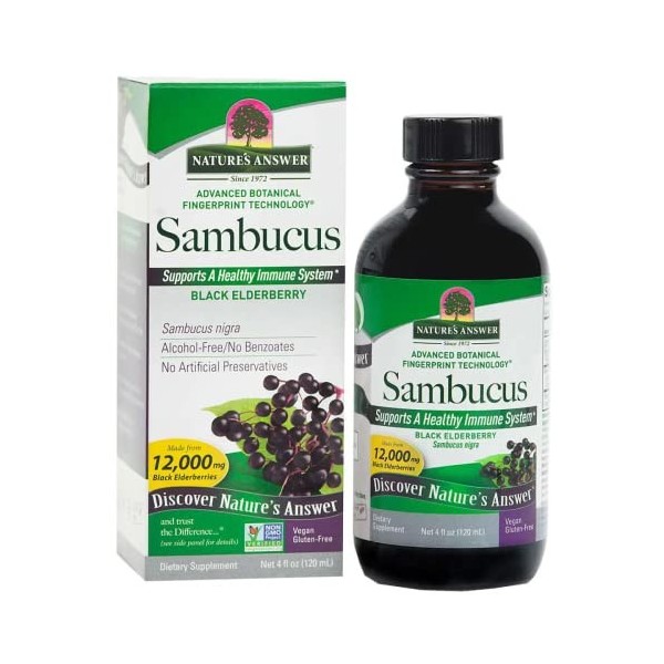 Natures Answer, Sureau Noir Sambucus , Sans Alcool, Végétalien, 120ml, Testé en Laboratoire, Sans Gluten, Sans Soja, Végéta