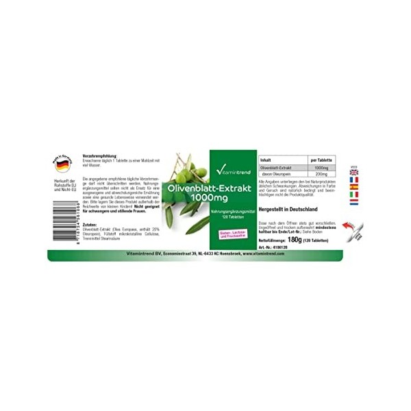 Extrait de Feuilles dOlivier 1000mg - 120 comprimés - ! POUR 4 MOIS ! - Végan – Hautement dosé - 20% doleuropéine | Vitamin