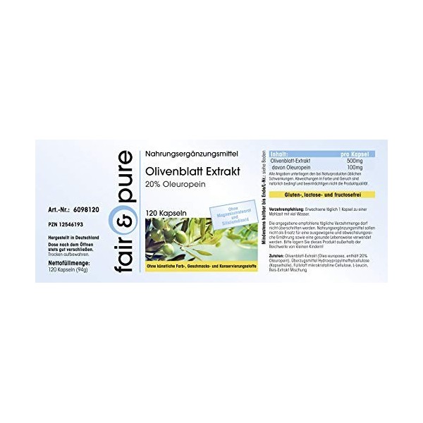 Fair & Pure® - Extrait de feuille dolivier 500mg - standardisé à 20% doleuropéine - végan - 120 gélules