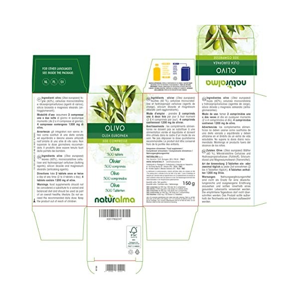 Olivier Olea europaea feuilles Naturalma | 150 g | 300 comprimés de 500 mg | Complément alimentaire | Naturel et Végétalien