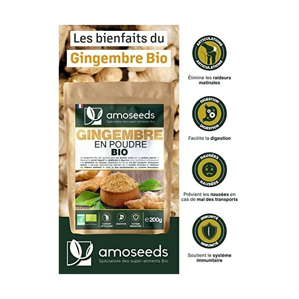 Gingembre en Poudre Bio 200G | Antioxydant, Articulations, Anti-nausée | Goût citronné et piquant | Qualité Supérieure