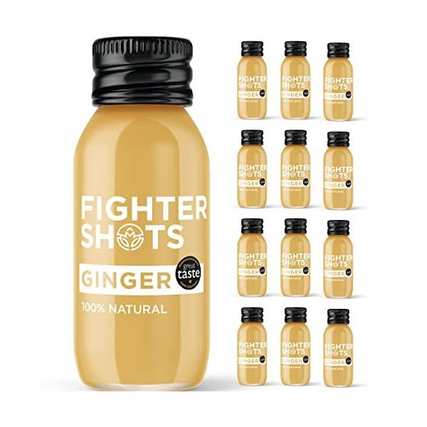 Fighter Shots Gingembre (12x60ml), 27 g de gingembre frais pressé à froid, 100% Naturel, Parfait pour vous donner un coup de boost, Sans  conservateurs