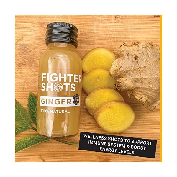 Fighter Shots Gingembre 12x60ml | 27 g de gingembre frais pressé à froid | 100% Naturel | Parfait pour vous donner un coup 