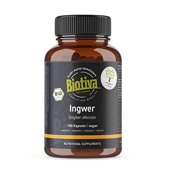 Biotiva Capsules de gingembre bio 150 capsules - 400mg par capsule - Garanti sans additifs - Produit et contrôlé en Allemagne