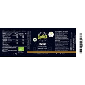 Biotiva Capsules de gingembre bio 150 capsules - 400mg par capsule - Garanti sans additifs - Produit et contrôlé en Allemagne