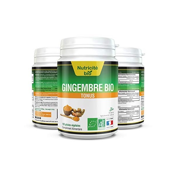 Gingembre Bio - 120 gélules vegetales - Nutricite-Bio - Petits maux de lhiver ou Fatigue intense - La qualité Bio à portée d