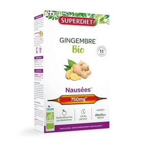 SUPERDIET - GINGEMBRE BIO - Nausées, Mal des transports, Grossesse -100% Pur jus - Fabriqué en France - 20 ampoules de 15 ml