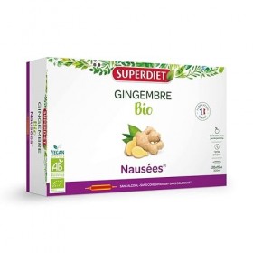 SUPERDIET - GINGEMBRE BIO - Nausées, Mal des transports, Grossesse -100% Pur jus - Fabriqué en France - 20 ampoules de 15 ml
