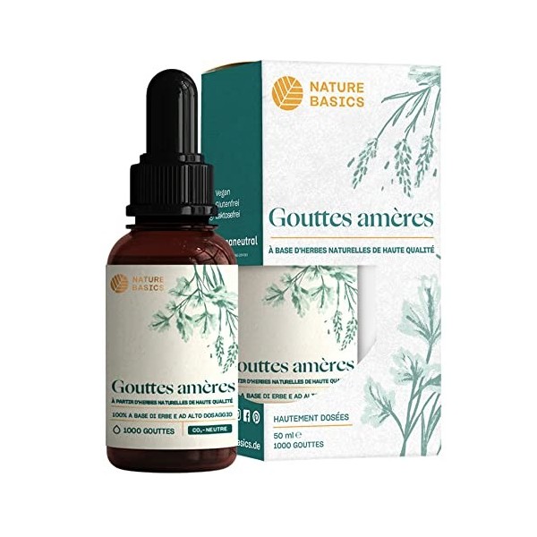 Nature Basics® Gouttes amères 50ml | 1000 gouttes végétaliennes d’herbes naturelles de haute qualité sans alcool | naturel av