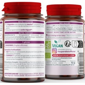 SUPERDIET - GINGEMBRE BIO - Nausées, grossesse, digestion, dynamisant - Phytothérapie - Fabrication française - 45 gélules