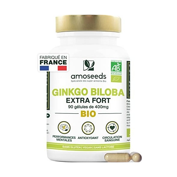 Ginkgo Biloba BIO | Extra Fort, 4560mg par jour | Stimulant cognitif, Mémoire, Circulation Sanguine | 90 Gélules Vegan | Qual