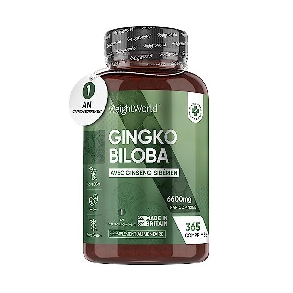 Ginkgo Biloba 6600mg + Ginseng Sibérien - 365 Comprimés 1 An Vegan - Extrait de Ginkgo Biloba 50:1 - Avec Flavone Glycosi