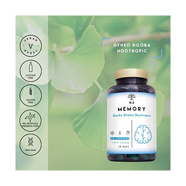 Ginkgo Biloba Nootropic. Cafeine Vitamine B6 Bacopa Thé Verde. Améliore Concentration Memoire Anxiete et Humeur. Anti fatigue