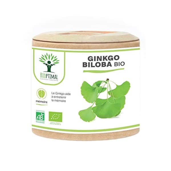 Ginkgo Biloba bio - Bioptimal - Complément alimentaire - Mémoire Concentration Circulation Vertige - Poudre de Feuille Pure -