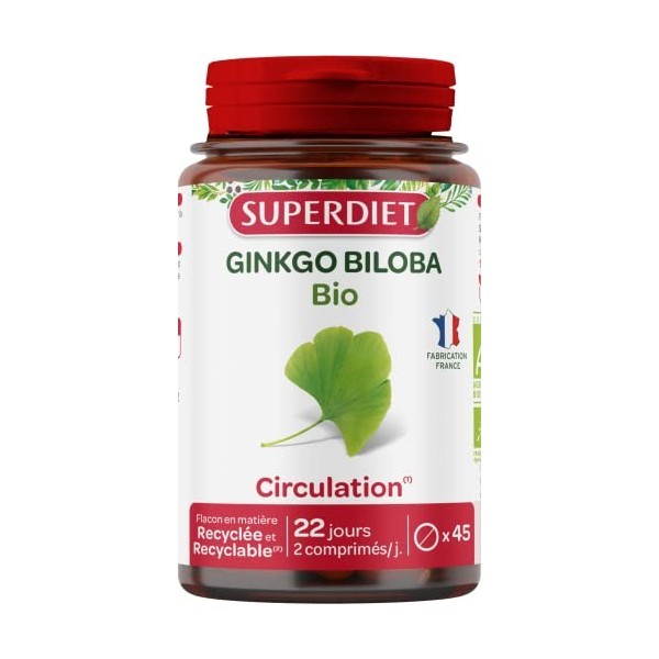 SUPERDIET - GINKGO BILOBA BIO - Circulation, Mémoire - Fabrication française - 45 comprimés