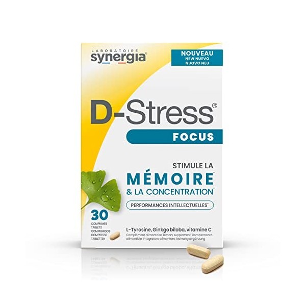 D-STRESS FOCUS 30 comprimés | L-Tyrosine, Ginkgo biloba et Vitamine C | Stimule la mémoire et la concentration | Vegan, Sans 