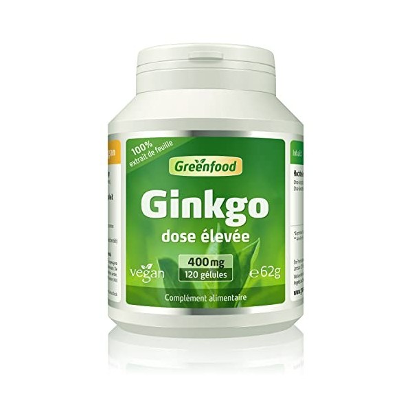 Greenfood Ginkgo biloba, 400 mg, extrait de feuilles, dose élevée, 120 gélules. Végan.