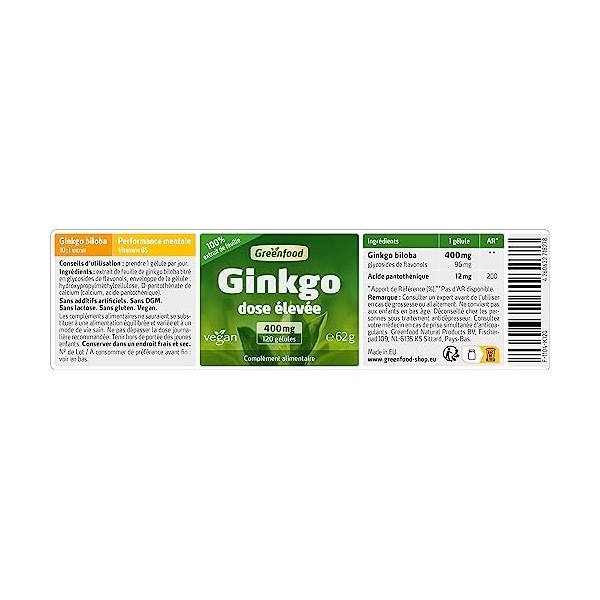 Greenfood Ginkgo biloba, 400 mg, extrait de feuilles, dose élevée, 120 gélules. Végan.