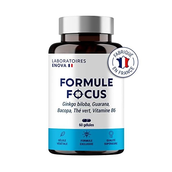 FORMULE FOCUS | Ginkgo Biloba, Guarana, Bacopa, Thé Vert, Vitamine B6 | Nootropique Puissant 100% Naturel | Memoire, Concentr