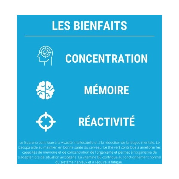 FORMULE FOCUS | Ginkgo Biloba, Guarana, Bacopa, Thé Vert, Vitamine B6 | Nootropique Puissant 100% Naturel | Memoire, Concentr