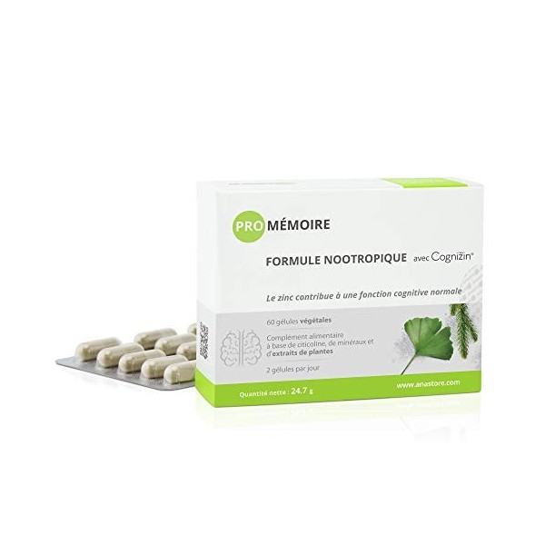 PRO MÉMOIRE * 337 mg/gélules * Cerveau mémoire * Calcium, Citicoline, Ginkgo biloba, Zinc, Huperzia