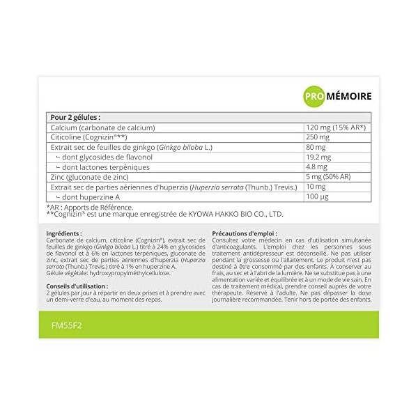 PRO MÉMOIRE * 337 mg/gélules * Cerveau mémoire * Calcium, Citicoline, Ginkgo biloba, Zinc, Huperzia