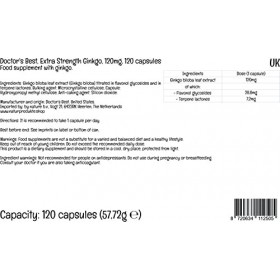 Doctors Best, Extra Strength Ginkgo Ginkgo Extra-Fort , 100mg, 120 Capsules végétaliennes, Testé en Laboratoire, Végétal, S