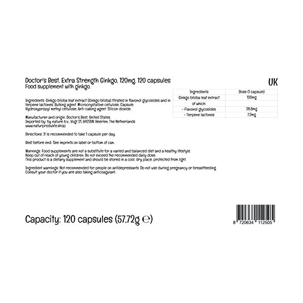 Doctors Best, Extra Strength Ginkgo Ginkgo Extra-Fort , 100mg, 120 Capsules végétaliennes, Testé en Laboratoire, Végétal, S
