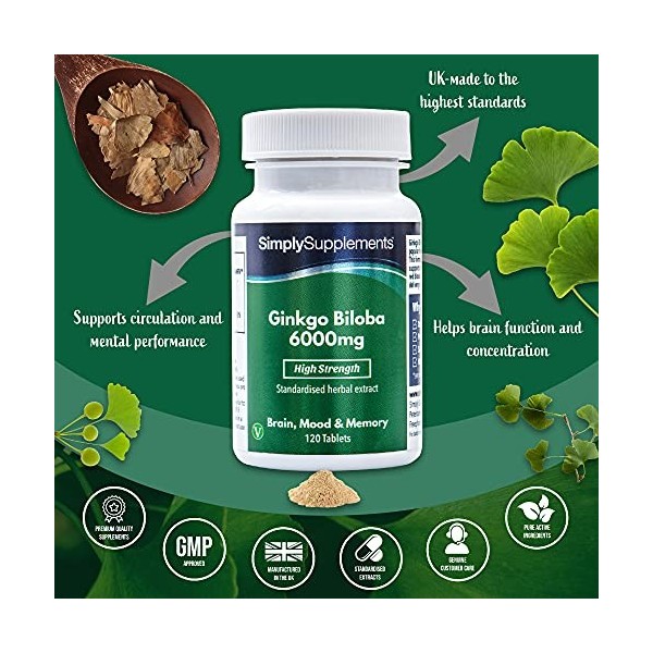 Ginkgo Biloba 6000mg |Enrichi en Fer | 120 Comprimés | Adapté aux Végétaliens | Jusqu’à 4 Mois de Bienfaits |SimplySupplement