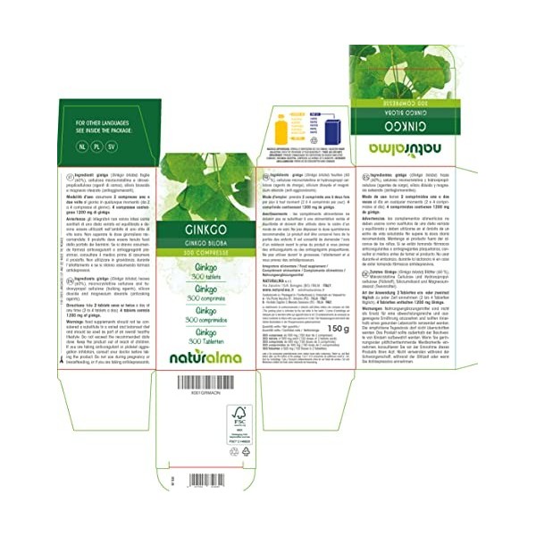 Ginkgo Ginkgo biloba feuilles Naturalma | 150 g | 300 comprimés de 500 mg | Complément alimentaire | Naturel et Végétalien