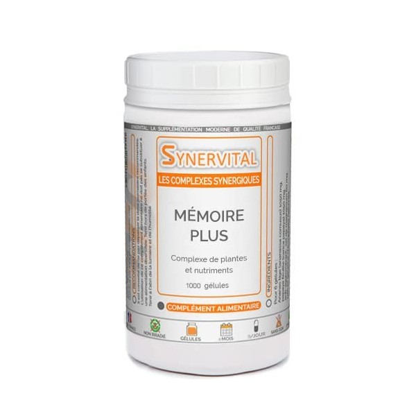 Mémoire Plus Synervital - 1000 gélules dosées à 326mg - Complexe de plantes pour la Mémoire - Ginkgo biloba - Bacopa -Magnesi