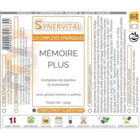 Mémoire Plus Synervital - 1000 gélules dosées à 326mg - Complexe de plantes pour la Mémoire - Ginkgo biloba - Bacopa -Magnesi