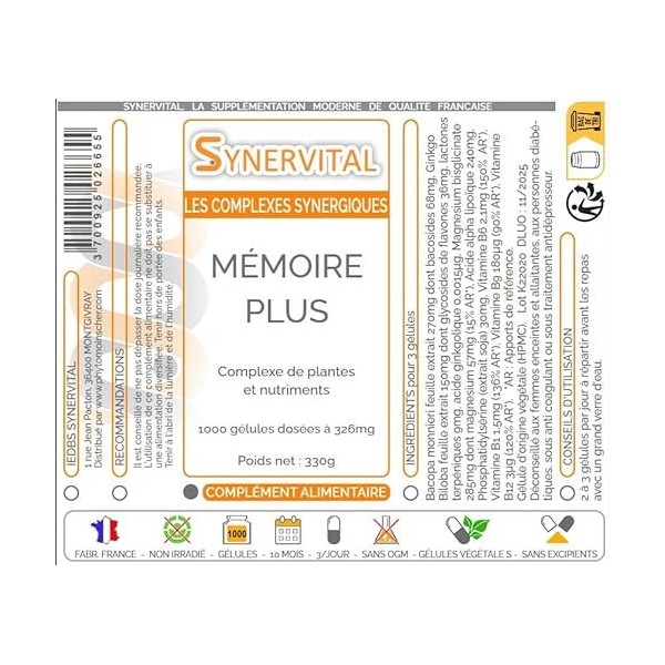 Mémoire Plus Synervital - 1000 gélules dosées à 326mg - Complexe de plantes pour la Mémoire - Ginkgo biloba - Bacopa -Magnesi