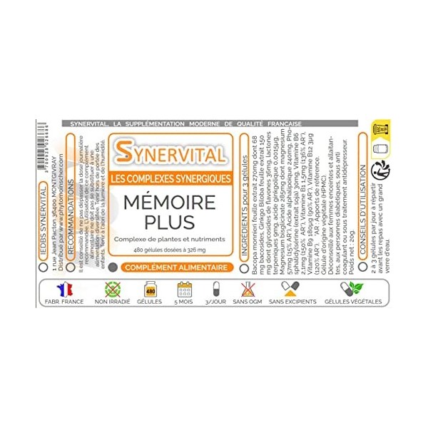 Mémoire Plus Synervital - 480 gélules dosées à 326mg - Complexe de plantes pour la Mémoire - Ginkgo biloba - Bacopa -Magnesiu