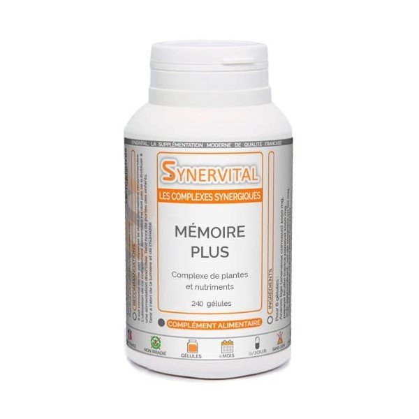 Mémoire Plus Synervital - 240 gélules dosées à 326mg - Complexe de plantes pour la Mémoire - Ginkgo biloba - Bacopa -Magnesiu