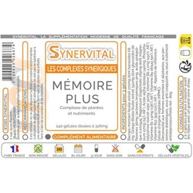 Mémoire Plus Synervital - 240 gélules dosées à 326mg - Complexe de plantes pour la Mémoire - Ginkgo biloba - Bacopa -Magnesiu