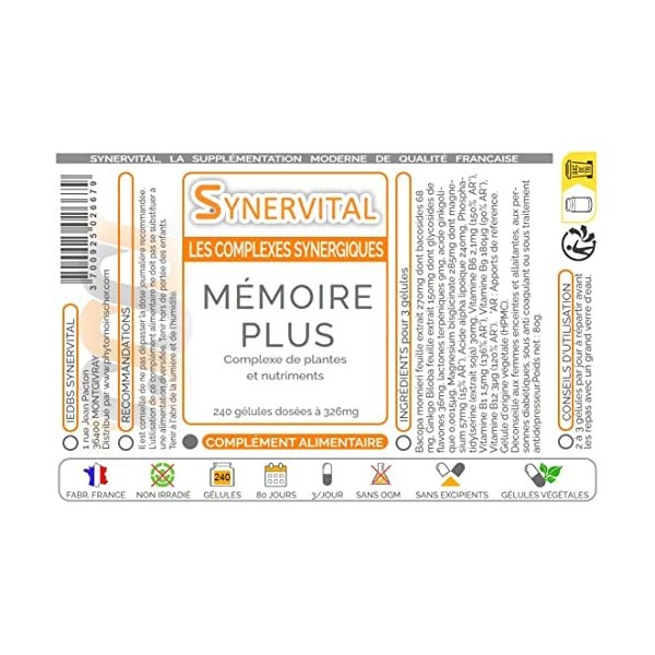 Mémoire Plus Synervital - 240 gélules dosées à 326mg - Complexe de plantes pour la Mémoire - Ginkgo biloba - Bacopa -Magnesiu