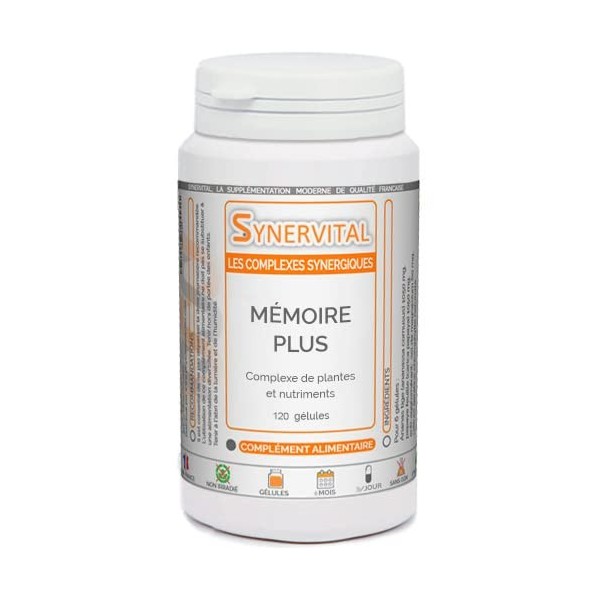 Mémoire Plus Synervital - 120 gélules dosées à 326mg - Complexe de plantes pour la Mémoire - Ginkgo biloba - Bacopa -Magnesiu