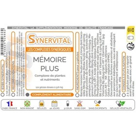 Mémoire Plus Synervital - 120 gélules dosées à 326mg - Complexe de plantes pour la Mémoire - Ginkgo biloba - Bacopa -Magnesiu
