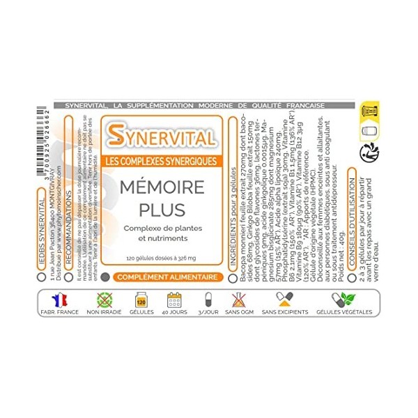 Mémoire Plus Synervital - 120 gélules dosées à 326mg - Complexe de plantes pour la Mémoire - Ginkgo biloba - Bacopa -Magnesiu