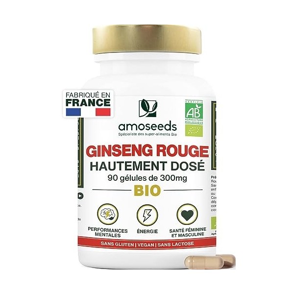 Panax Ginseng Rouge BIO de Corée | Extra Fort 900mg / jour | Énergie, Vigueur, Anti-stress, Concentration | 90 gélules de 300