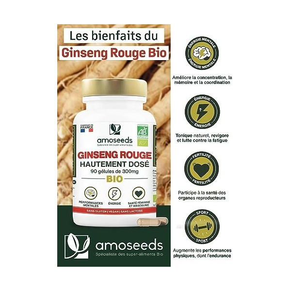 Panax Ginseng Rouge BIO de Corée | Extra Fort 900mg / jour | Énergie, Vigueur, Anti-stress, Concentration | 90 gélules de 300