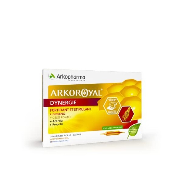 Arkoroyal® Dynergie - Complément alimentaire booster dénergie - Ginseng, Gelée Royale, Propolis - 20 ampoules de 10 ml