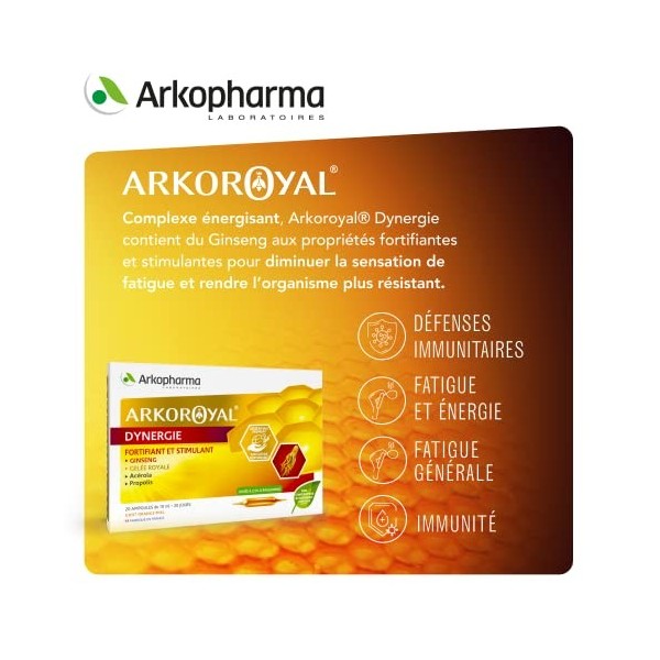 Arkoroyal® Dynergie - Complément alimentaire booster dénergie - Ginseng, Gelée Royale, Propolis - 20 ampoules de 10 ml