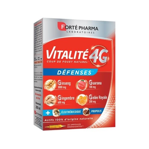 Forté Pharma - Vitalité 4G Défenses | Ginseng, Gingembre, Guarana et Gelée Royale, Propolis - Complément Alimentaire Energie 