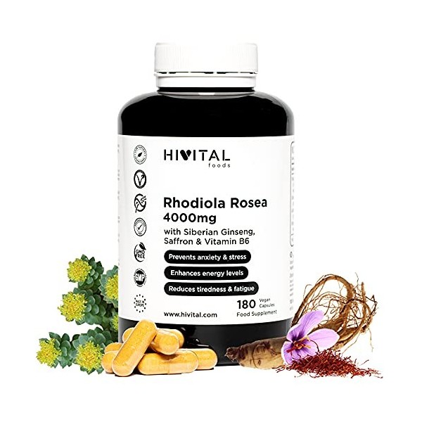 Rhodiola Rosea 4000 mg. 180 gélules végétaliennes pour 6 mois de traitement. Rhodiola avec 3% Salidrósides, avec Ginseng Sibé