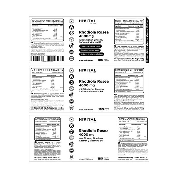 Rhodiola Rosea 4000 mg. 180 gélules végétaliennes pour 6 mois de traitement. Rhodiola avec 3% Salidrósides, avec Ginseng Sibé
