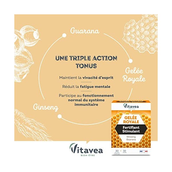 Vitavea - Gelée royale Ginseng Guarana - Complément alimentaire fatigue : Fortifiant Stimulant - Fabriqué en France - 30 gélu